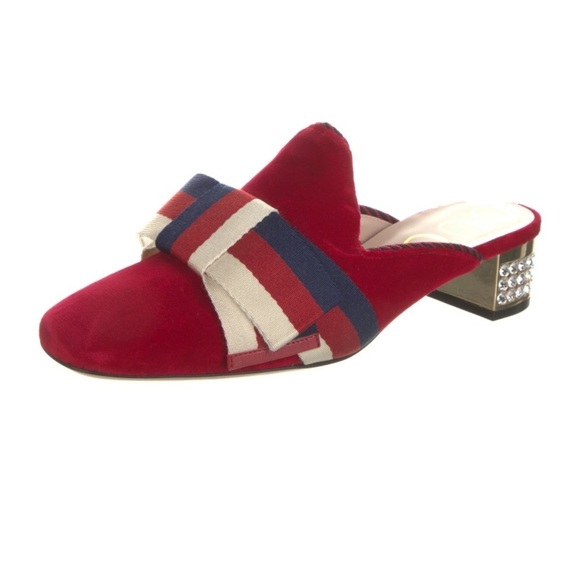 Gucci Red Velvet Sylvie Bow Mules w/ Crystal Embellished Heels - Picture 1 of 8